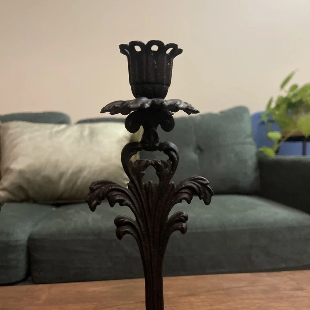 2 Vtg Cast Iron Art LB58 Ornate Taper Candlestick Candle Holder Art Nouveau Goth